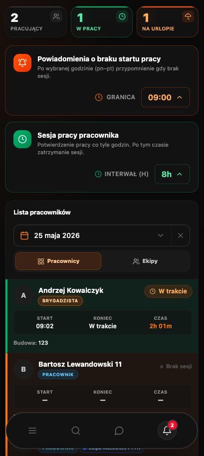 Aplikacja mobilna BuildBase — zestawienie pracy live, godziny startu i alert o 09:00
